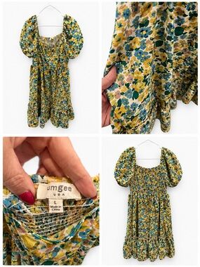 Umgee Yellow Floral Puff-Sleeve Smocked Dress